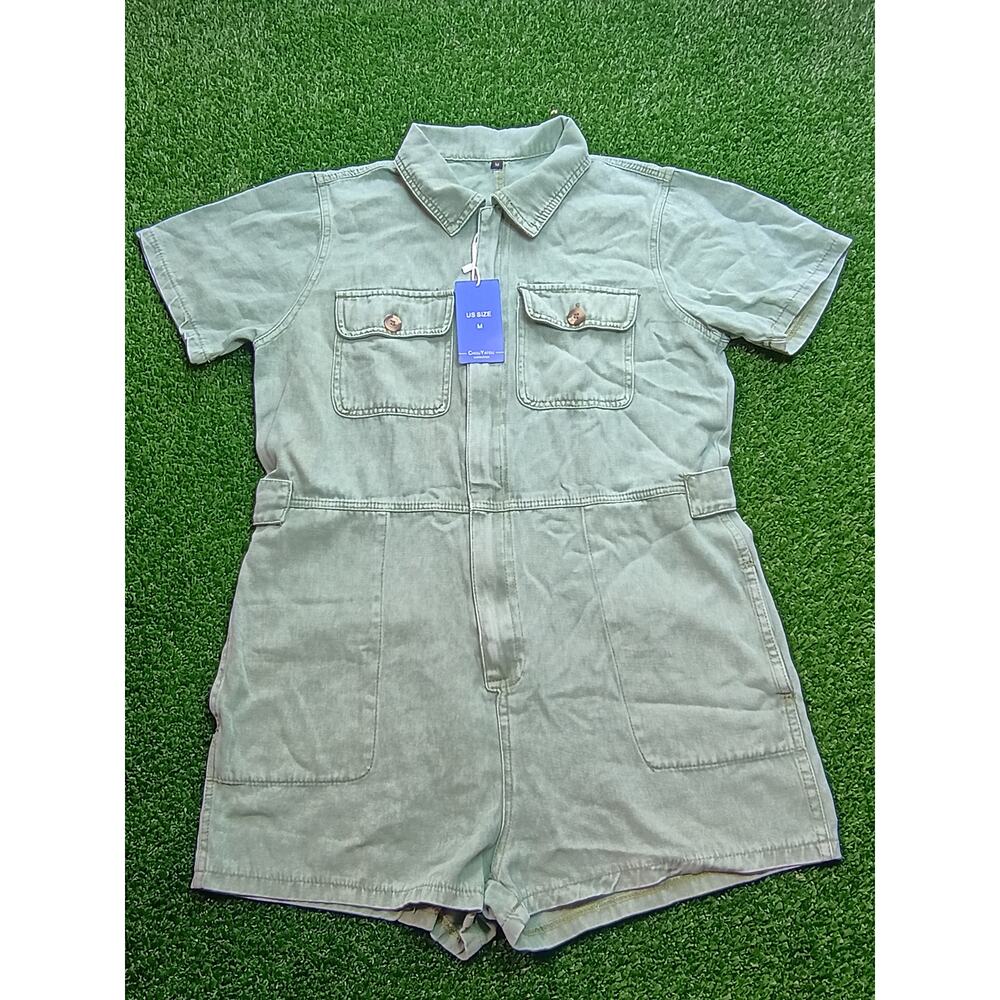 New CHOUYATOU Light Green Collared Short-Sleeve Romper Women's Size M